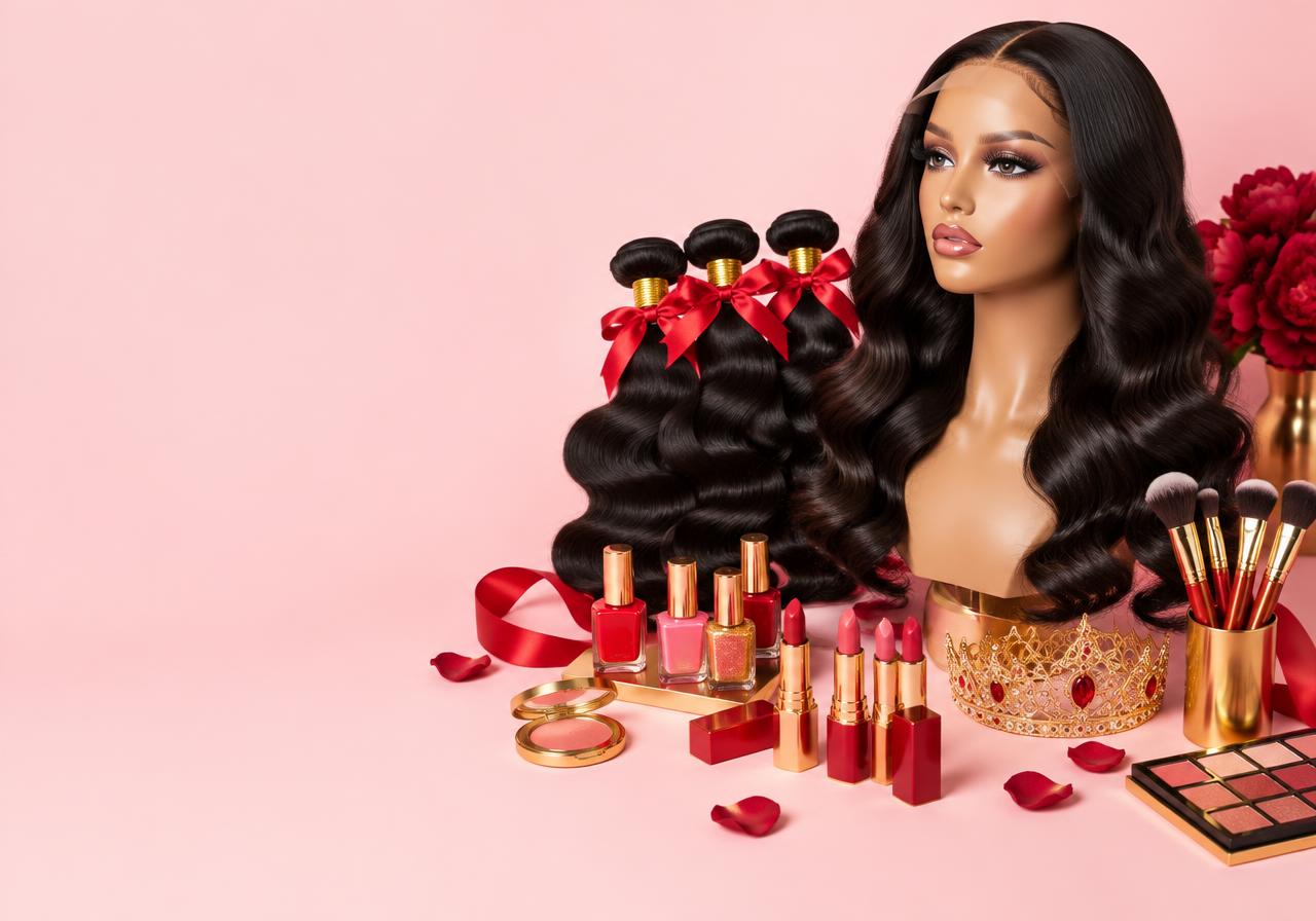 Wavy wig, hair bundles, lipsticks and nail polish